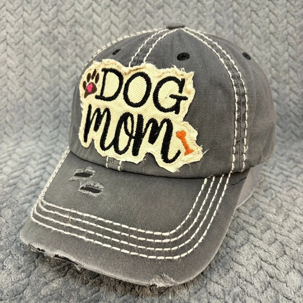 Dog Mom Distressed Baseball Cap Gray Adjustable Hat with Contrast Stitching